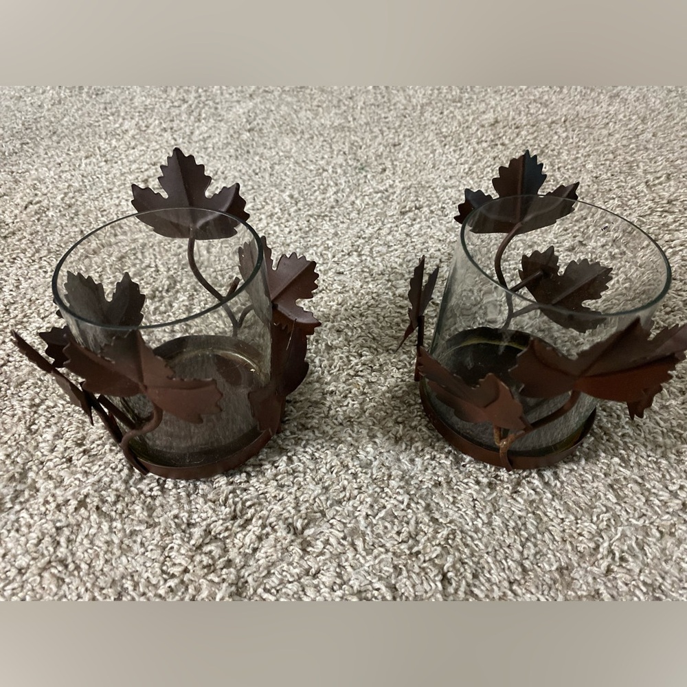 Metal and glass Set of Fall Leaf Candle Holders with led candles